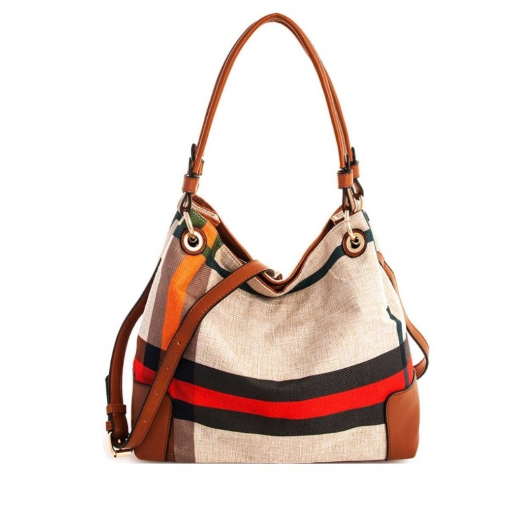 Espresso Brown Colorblock Plaid CrossBody Bag Tote